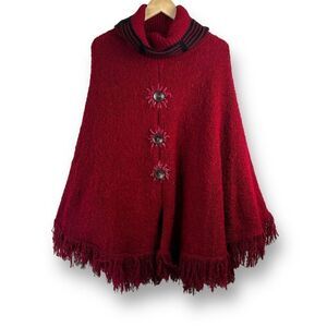 Kessley Women's One Size Turtleneck Poncho Sweater‎ Deep Red Fringe Wearable Art